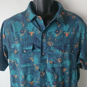 Stio Teal Short-Sleeve Button-Down Shirt with Orange Accents